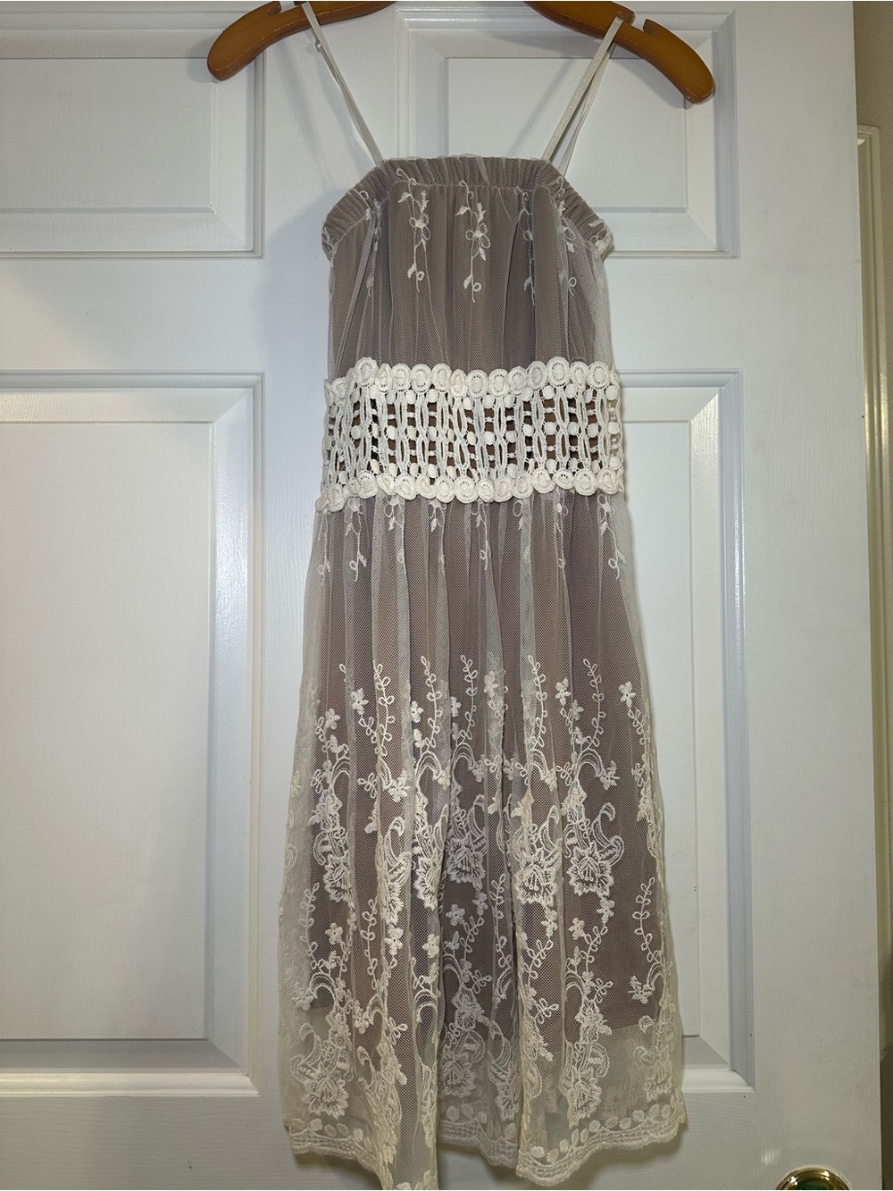 American Rag Beige Midi Dress with White Crochet Waistband